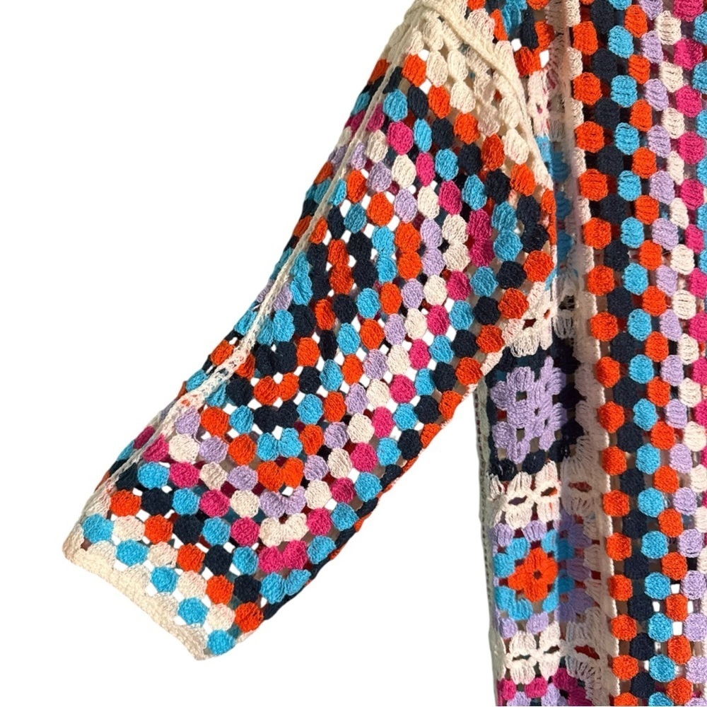 New POL Beige Multicolor Granny Squares Long Crochet Knit Cardigan - Picture 8 of 10
